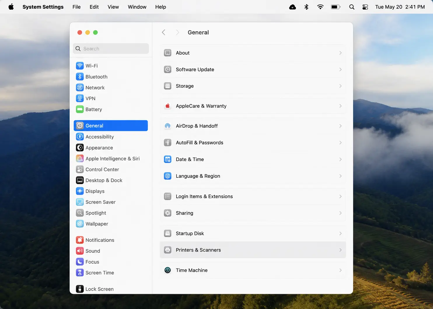 On your Mac, open System Settings  General  Printers & Scanners.